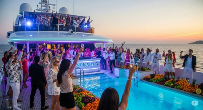 People celebrate on a luxurious yacht with a pool.